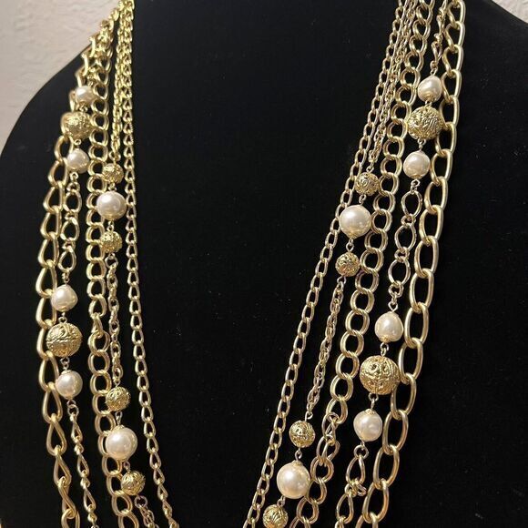 Gold-Tone Faux Pearl Bead Multi Chain Statement Necklace 34.5 in 5 Strand - Picture 9 of 16